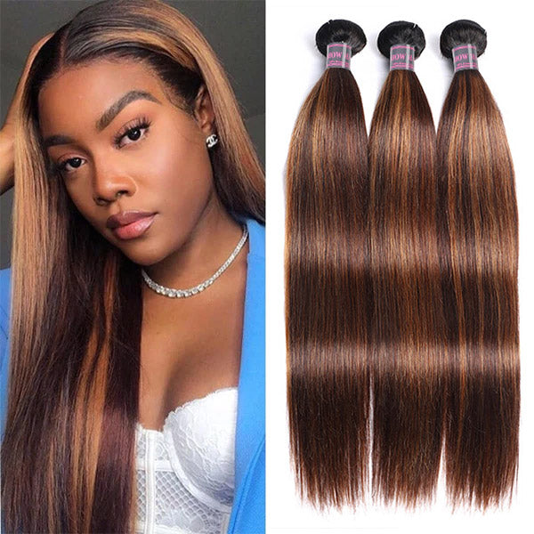 Model With Long Straight Hair and 3 Bundles T1B 4/30 Color Human Hair Weave