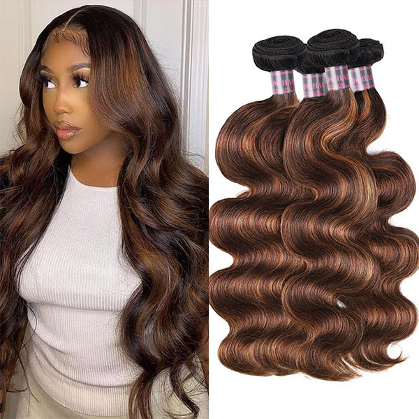 Woman showing long, wavy balayage ombre hair in T1b 4/30 color, highlighting the waves and color transition from dark roots to lighter tips.