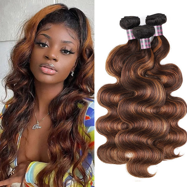 Woman Showcasing Ishow Brazilian Balayage Body Wave Hair Bundles T1B 4/30
