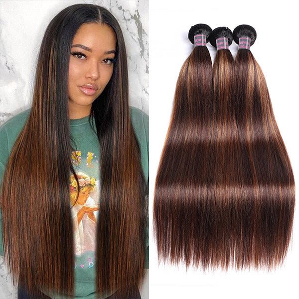 Woman showcasing long straight hair with T1b 4/30 balayage highlights wearing a white top and blue jacket, beside three bundles of matching straight human hair extensions.