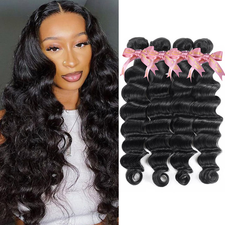 Model With Loose Deep Wave Hair Beside Four Bundles of 100% Human Hair