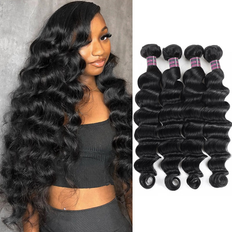 Model Displaying Luxurious Wavy Jet Black Human Hair and Four Matching Hair Bundles