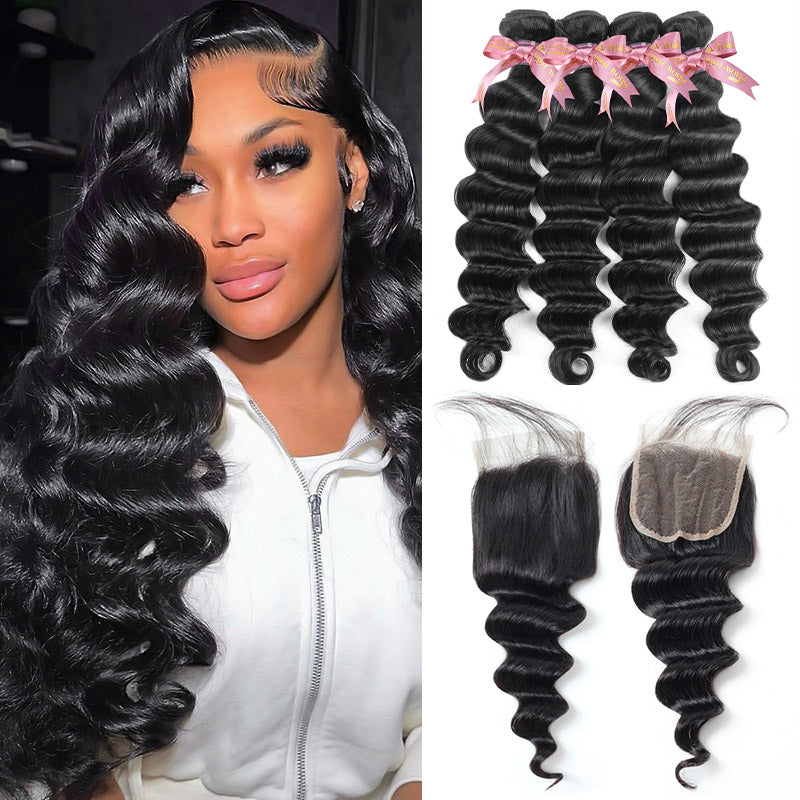 Smiling woman with long loose deep wave hair, four bundles with pink bows, and an HD lace closure.