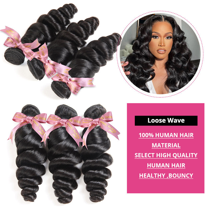 Three Bundles of Loose Wave 100% Human Hair With Model Showcasing Bouncy Hairstyle