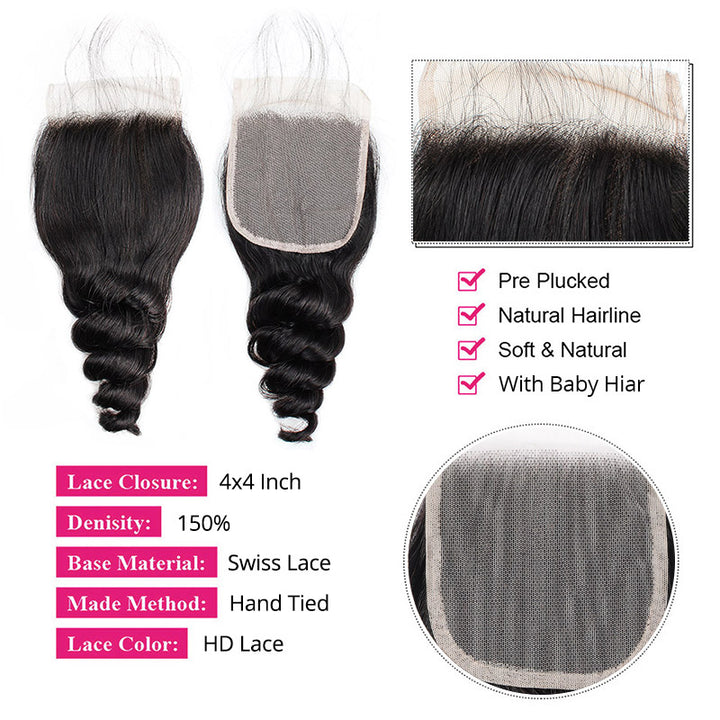 HD Lace Closure With Loose Wave Texture and Natural Hairline, 4X4 Inch Size