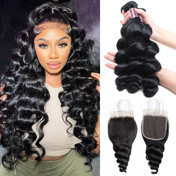 Model with long loose wave Brazilian hair wearing a white hoodie, showcasing Ishow Beauty 100% human hair bundles.