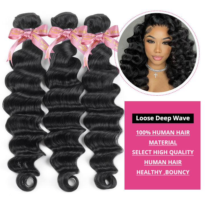 Three Bundles of Loose Deep Wave Human Hair With Pink Ribbons and Model Hairstyle