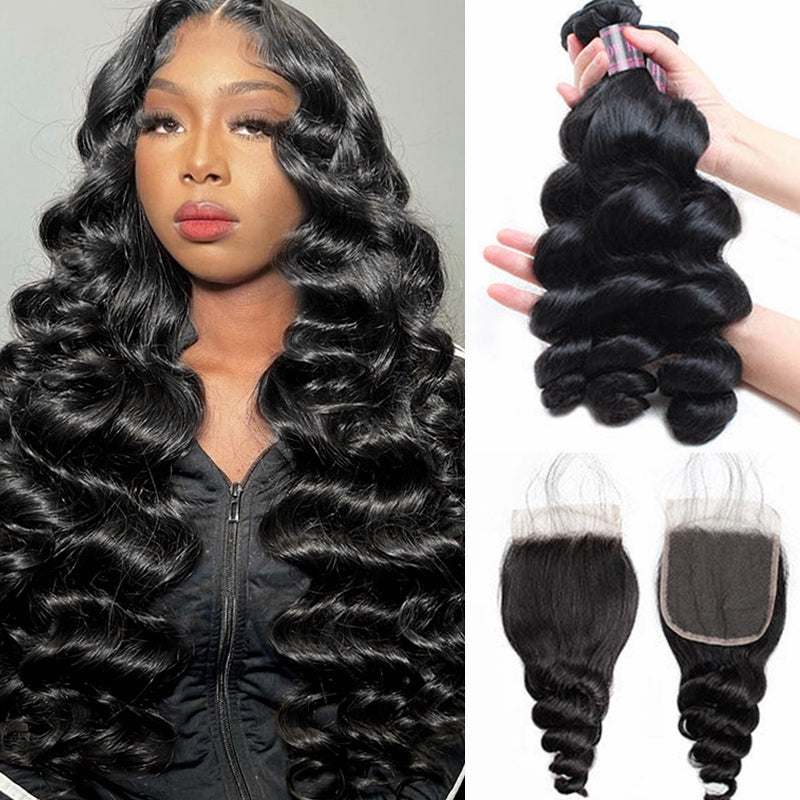 Loose Wave Malaysian Hair Bundles and Closure, Model Displaying Soft Black Waves