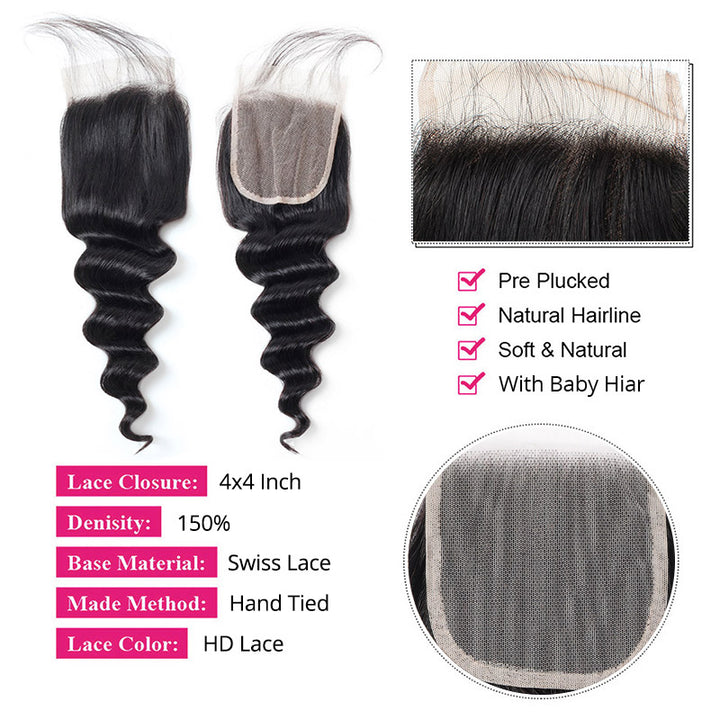 HD Lace Closure With Loose Wave Texture and Natural Hairline, 4X4 Inch Size, Wider