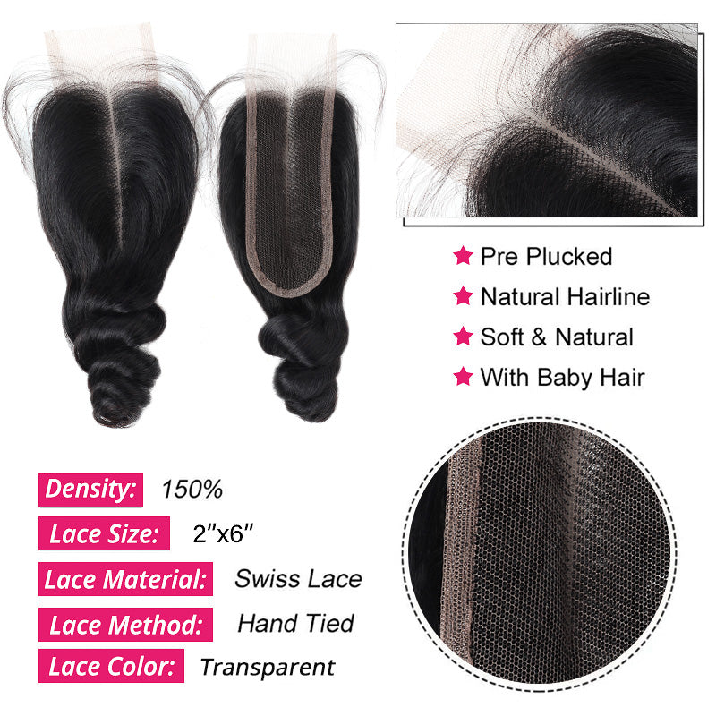 2X6 Lace Closure With Loose Wave Human Hair Bundles, Natural Hairline