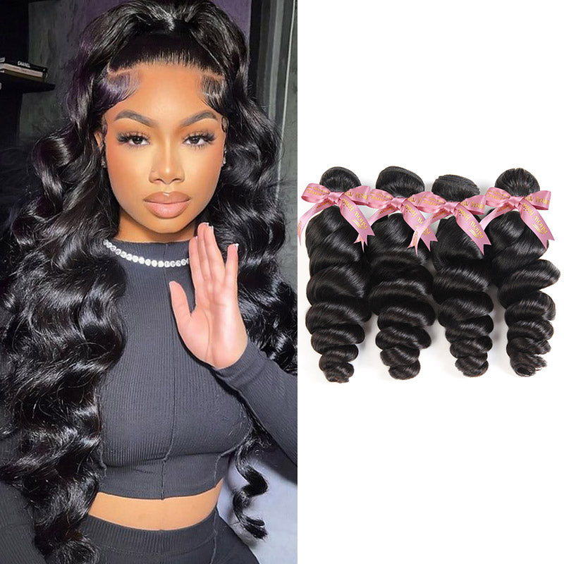 Woman showcasing long loose deep wave 100% human virgin hair, next to four bundled packs of loose deep wave hair with pink bows from Ishow