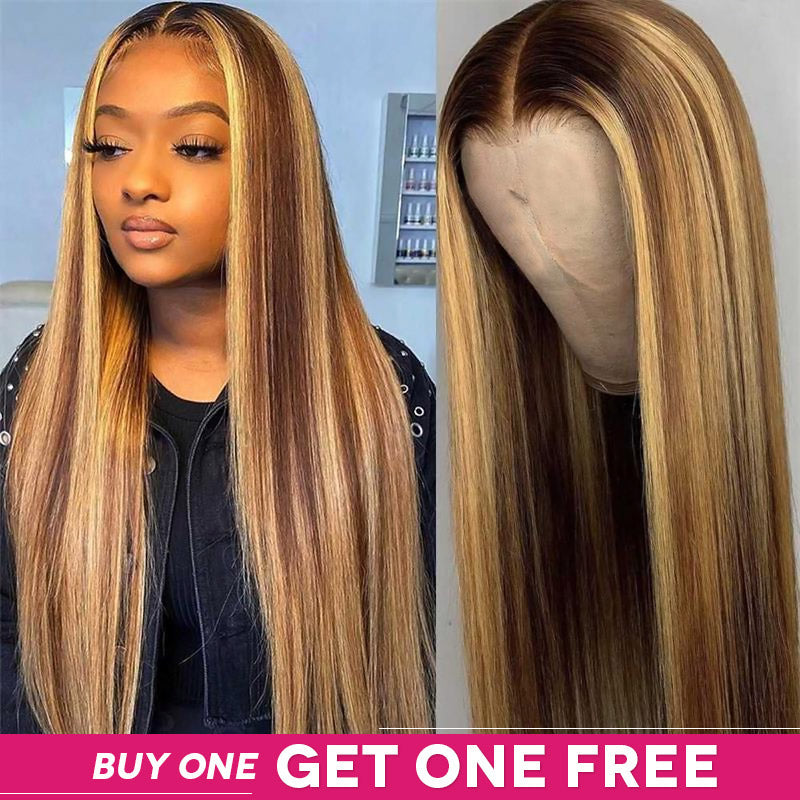Honey Blonde Highlighted Glueless Wig On Model, Buy One Get One Free Offer