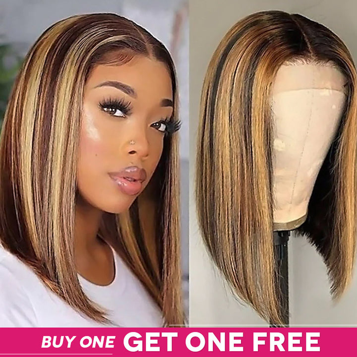 Mannequin displaying a loose wave short bob wig with honey blonde and ginger highlights. Pink banner with text 'BUY ONE GET ONE FREE' at the bottom.