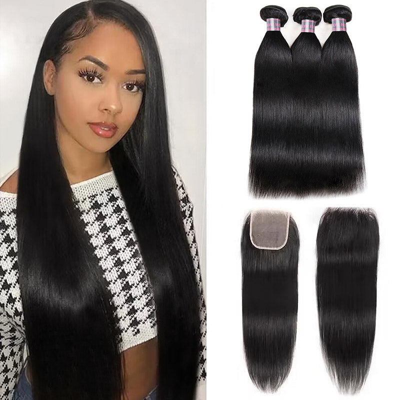 Collage displaying woman with straight Brazilian human hair weave, highlighting detailed views of lace closure and styling versatility with parting and braiding.