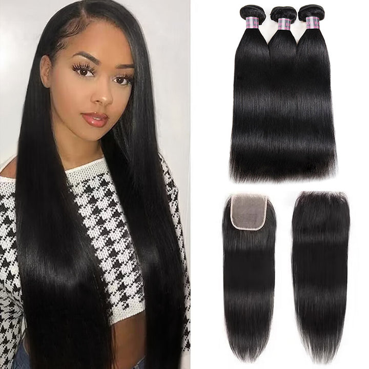 Collage displaying woman with straight Brazilian human hair weave, highlighting detailed views of lace closure and styling versatility with parting and braiding.