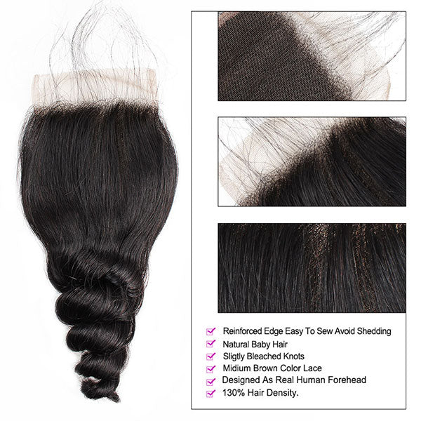 4X4 Lace Closure With Brazilian Loose Wave Hair, Natural Black Color, and Soft Texture