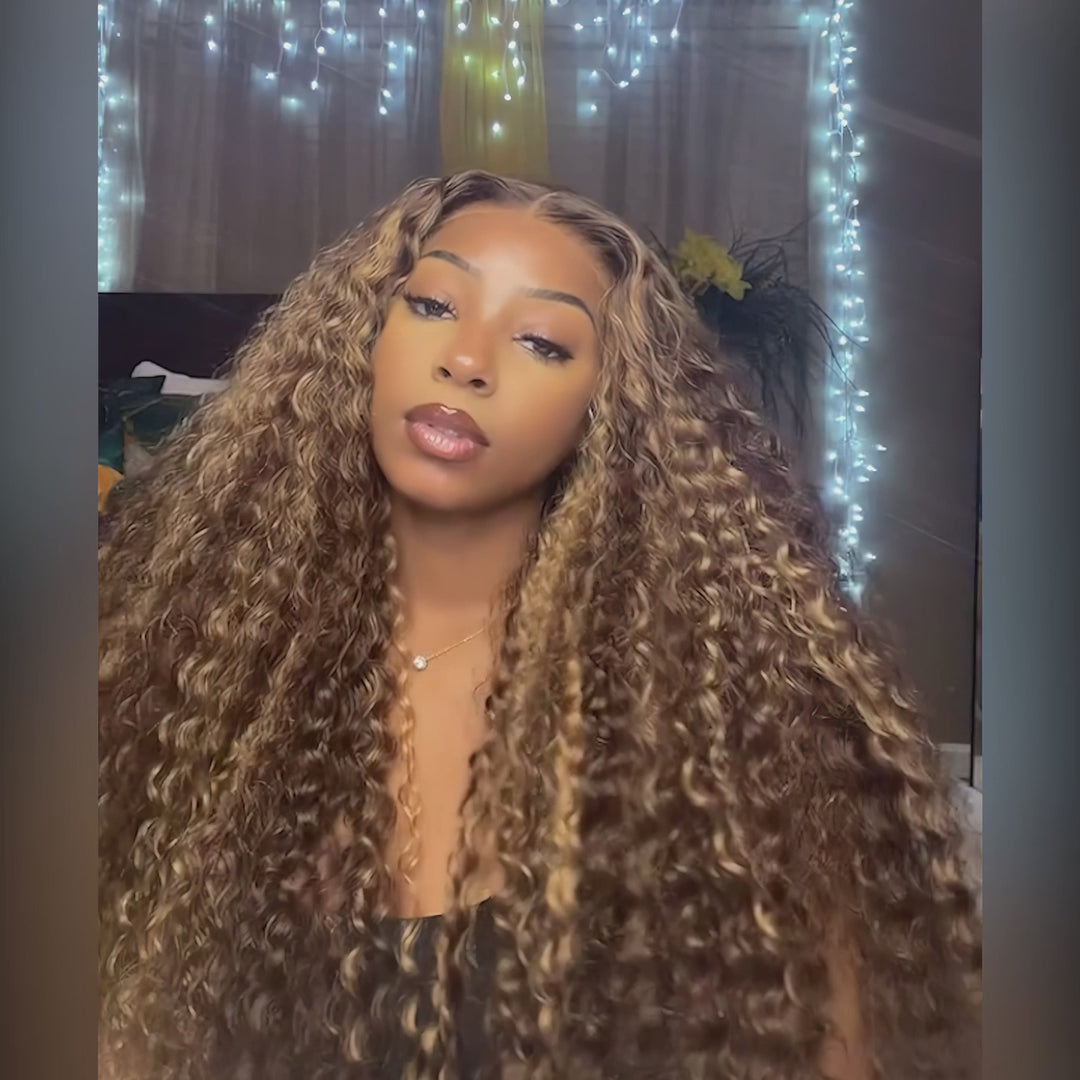Ishow Highlight Wig Deep Wave Wig Honey Blonde HD Lace Wig 4x4 Lace Closure Wig