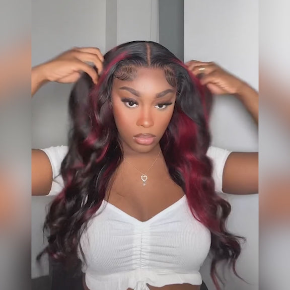 Black with Red Highlights Colored Wigs Body Wave Wig 13x4 HD Lace Red Lace Front Wigs