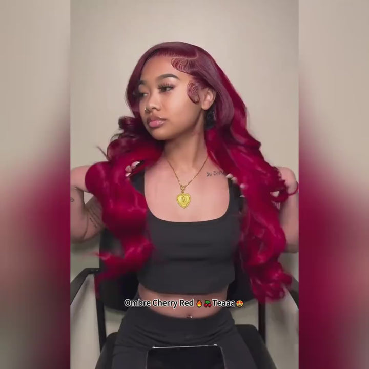Ishow 99J Burgundy Two-Toned Ombre Red Color Human Hair Wigs Body Wave 13x4 Lace Front Wig Pre Plucked