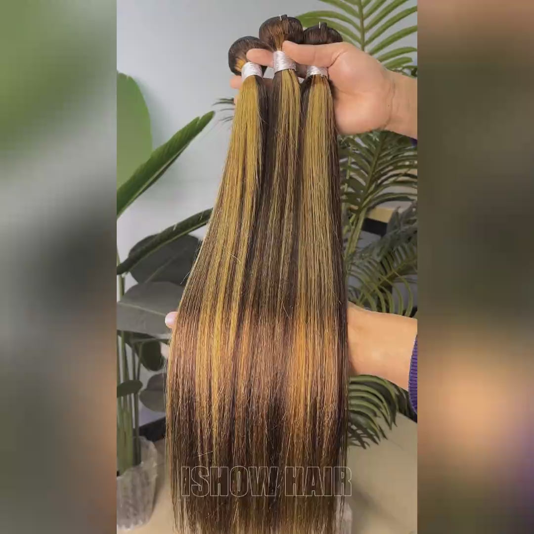 Ishow P4/27 Highlight Yaki Straight Human Hair Bundles Brazilian Hair 3 Bundles