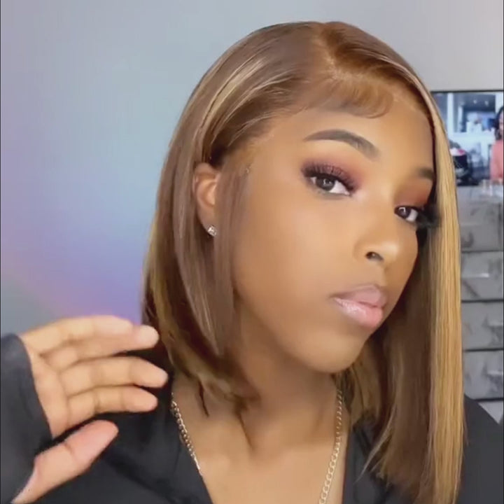 Highlight Bob Wig Honey Blonde Straight Hair Wigs Short Bob Human Hair Wig with Highlights 4x4 Lace Closure Wig P4/27