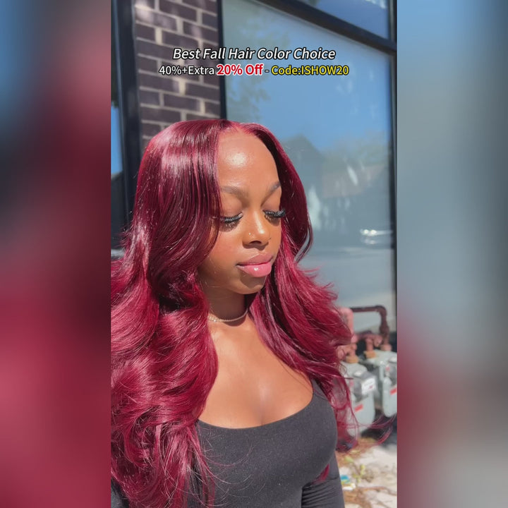Ishow 32 Inch 200 Density 99j Burgundy HD Transparent Lace Front Wig Body Wave/Straight/Deep Wave Human Hair Wigs Pre Plucked Natural Hairline