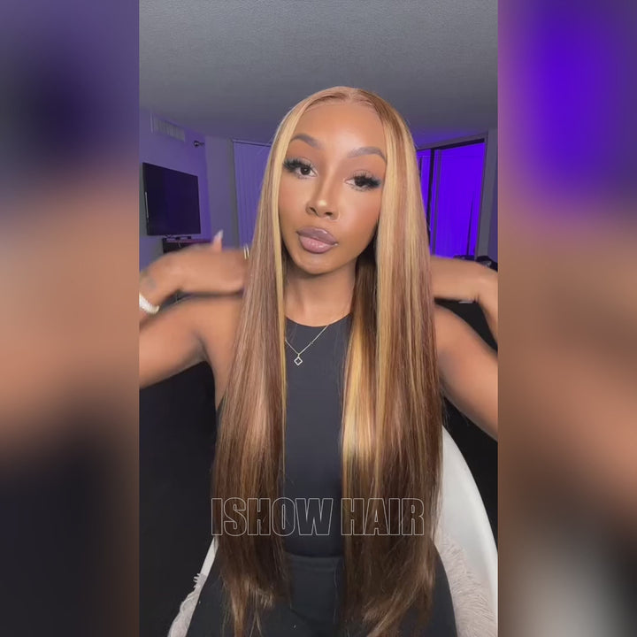 Ishow PPB™ Invisible Knots HD Lace Balayage Straight Human Hair Wigs Ready To Wear Highlighted Honey Blonde P4/27 Pre Cut Wigs