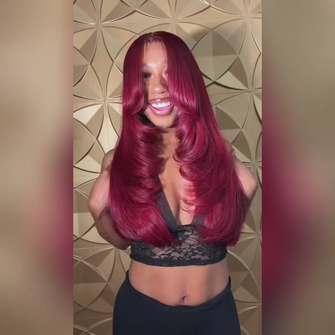 Ishow 99J Burgundy Layered Cut Straight and Body Wave 13x4 Lace Front Wig Pre-Everything Invisible Knots 5x5 Lace Glueless Wig