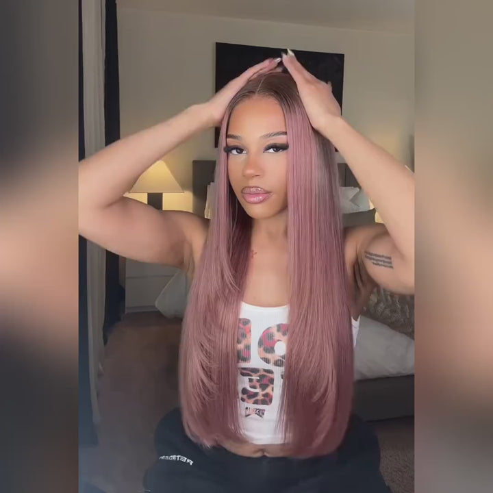 Ishow Ombre Ash Pink Lace Front Human Hair Wigs Straight Ready To Wear 13x6 HD Lace Glueless Wig