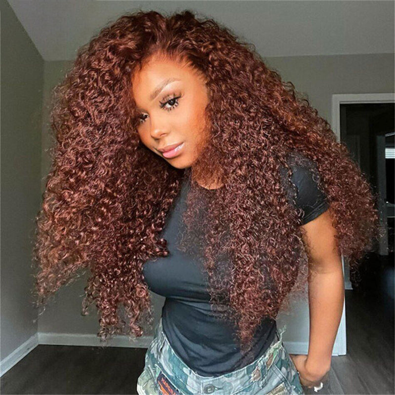 Voluminous Curly Reddish Brown Auburn Wig Worn By a Model in a Black Shirt