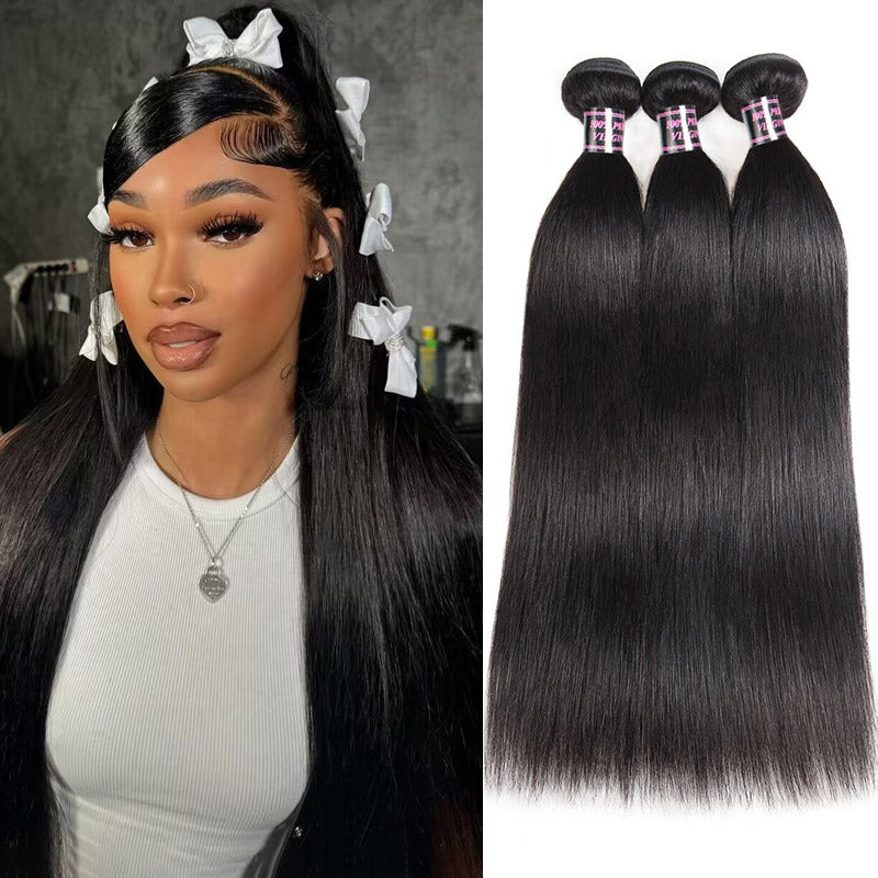 Model With Long Black Hair and Three Brazilian Straight Hair Bundles