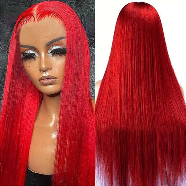 Long Straight Red Lace Front Wig On Model With Natural-Looking Hairline