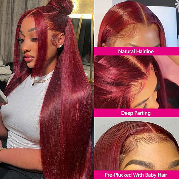 Sleek Burgundy Wig On Model Showing Natural Hairline and Pre-Plucked Baby Hairs