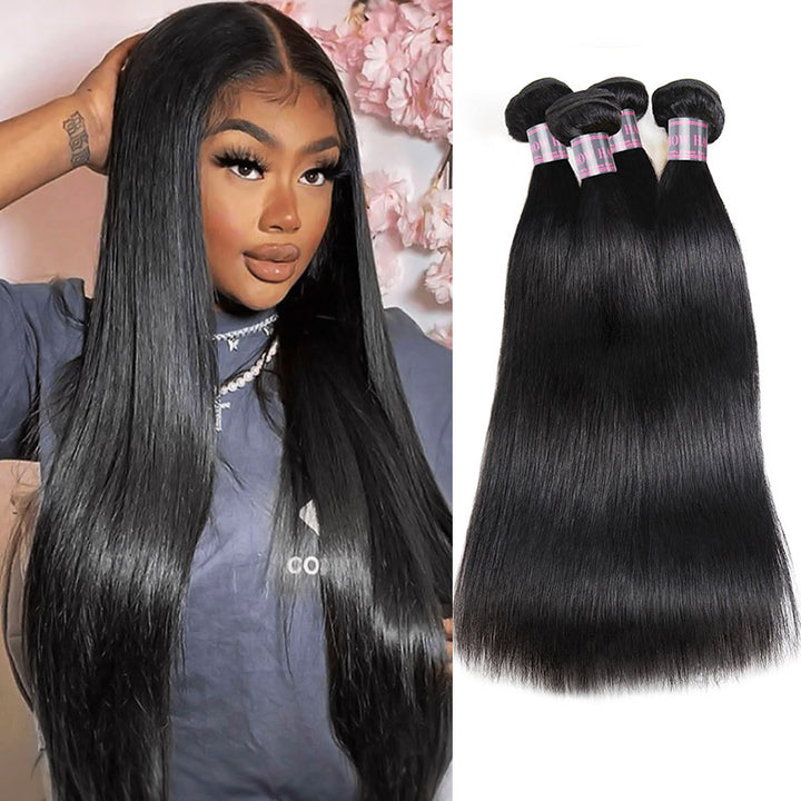 Long Straight Jet Black Human Hair Bundles Displayed With Model