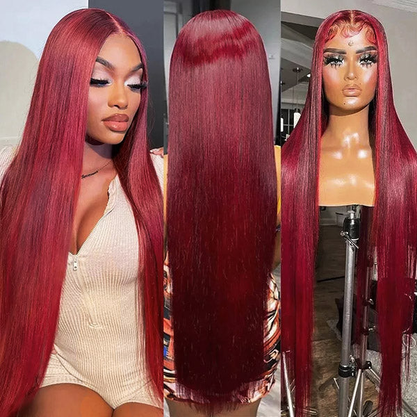 Burgundy Straight Wig Showcasing Sleek Texture and Long Hair On Model in Different Angles