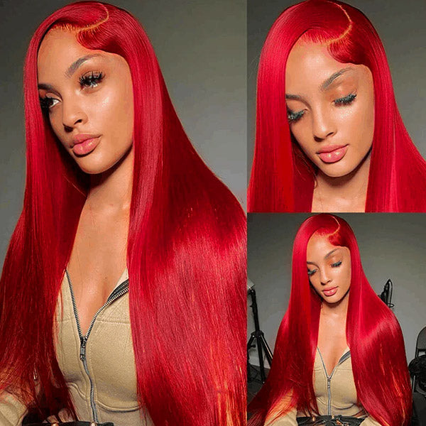Female Model Displaying Long, Shiny Red Straight Lace Front Wig With Natural Look