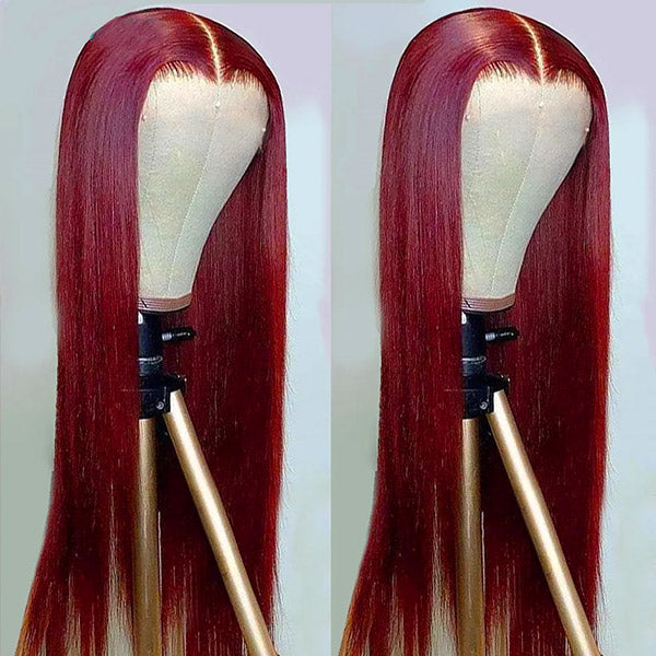 99J Burgundy Straight Human Hair Wig On Styling Head, Showcasing Sleek Texture