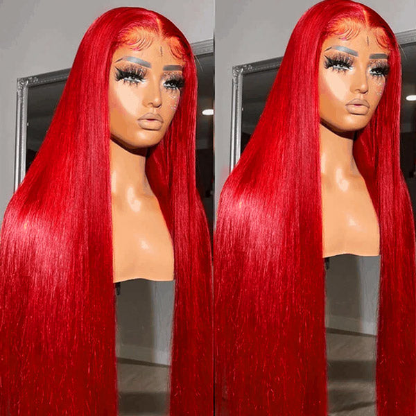 Long Straight Red Lace Front Wig Displayed On Mannequin With Natural Hairline