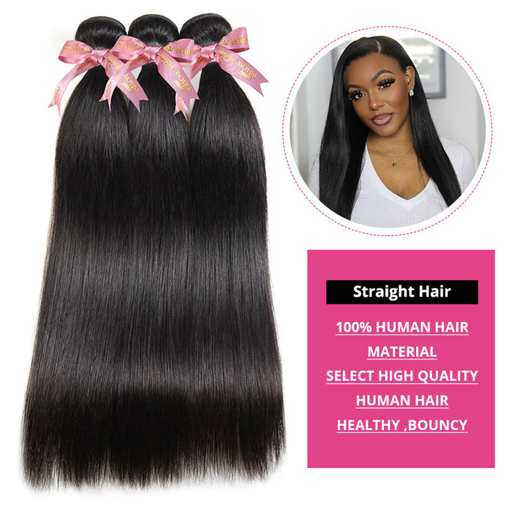 12a Grade Straight Black Hair Bundles With Pink Ribbons, 100% Human Hair