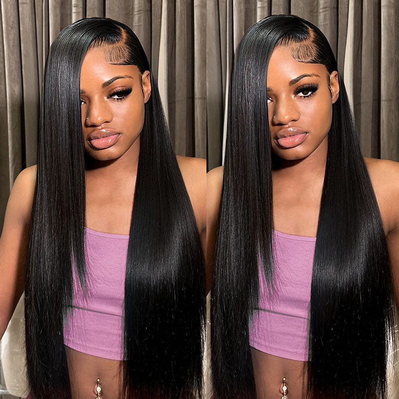 Model With Long Peruvian Straight Hair Weave, Highlighting Sleek and Smooth Texture
