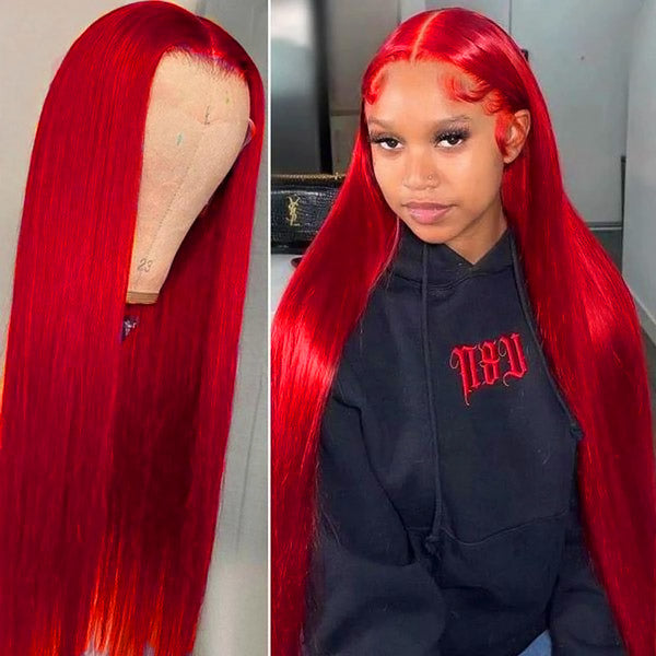 Model showcasing vibrant red lace front wig with pre-plucked hairline and straight styling from Ishow Beauty. Wig is worn with black jacket and pink top.