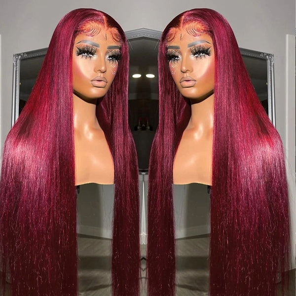 Burgundy HD Lace Wig With Straight Texture and Visible Baby Hairs