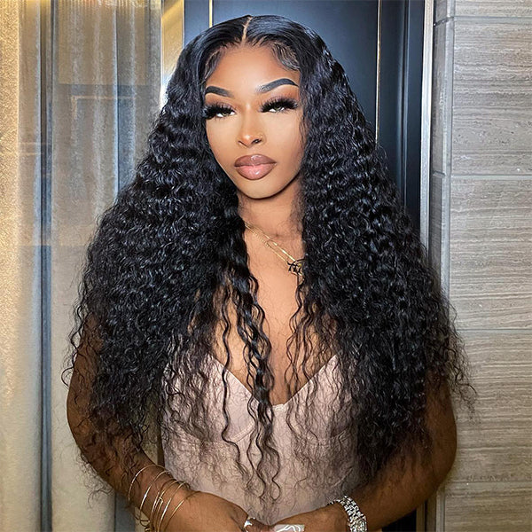 Water Wave Pre-Plucked Lace Wig Styled On Model With Voluminous Curls