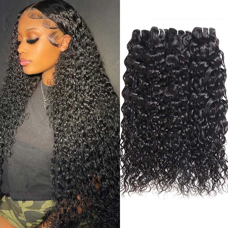 Woman with long curly hair styled using Malaysian Water Wave hair extensions. Next to her are bundles of Malaysian Water Wave hair extensions in natural black color.