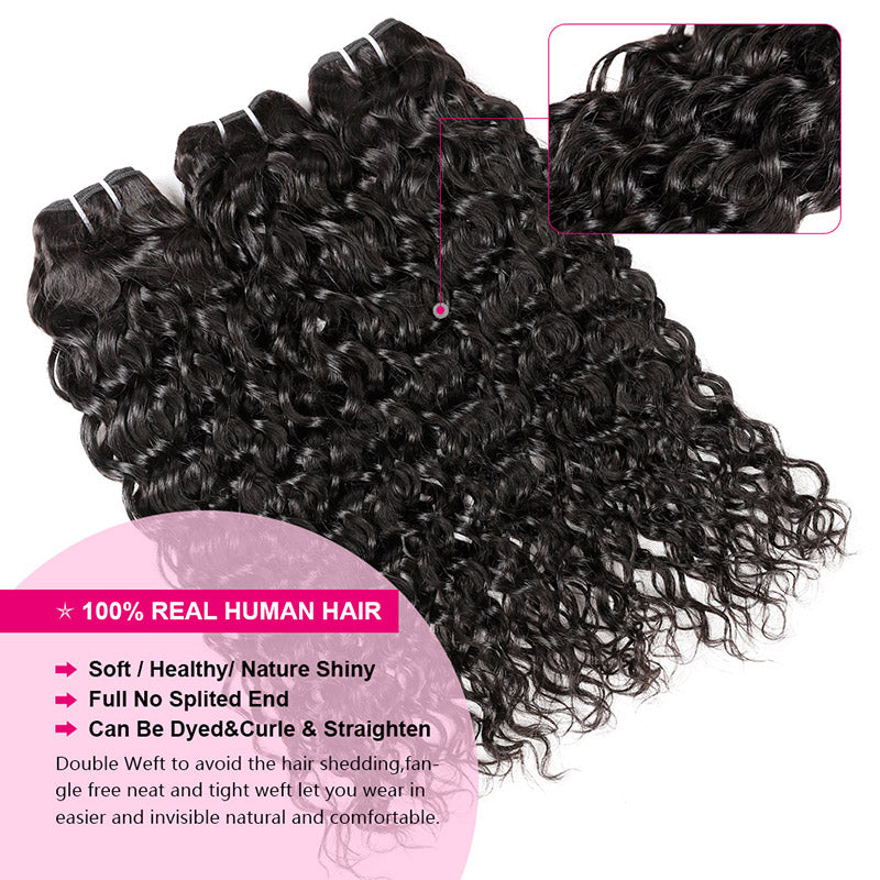Three Bundles of Natural Wavy Human Hair Extensions With Text On Quality Features