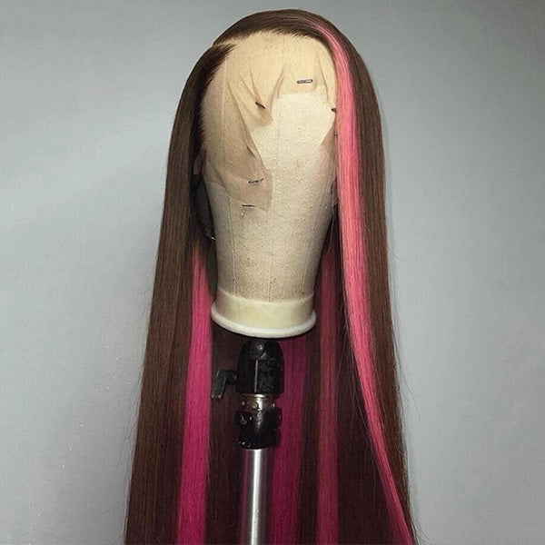 Straight Human Hair Wig On Mannequin With Pink Skunk Stripes
