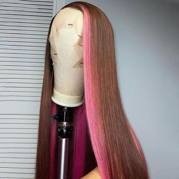 Brown Straight Wig With Vibrant Pink Skunk Stripes Displayed On a Mannequin