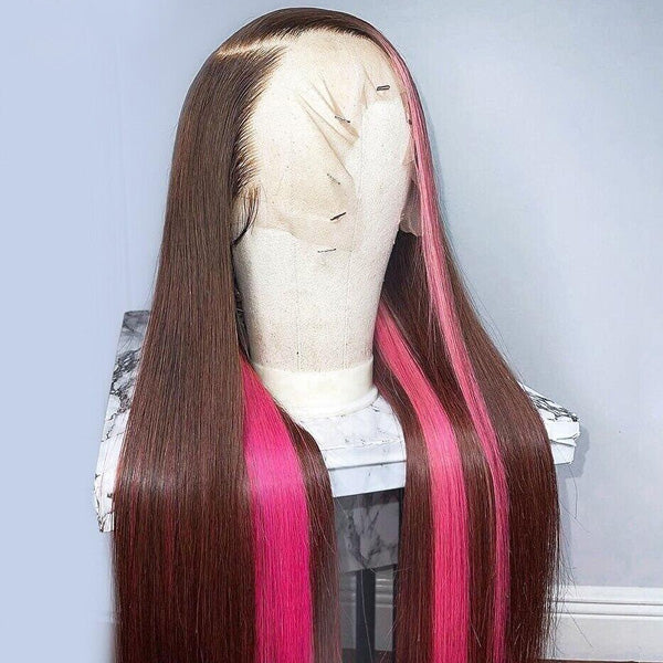 Brown Straight Wig With Pink Skunk Stripes On a Mannequin Showcasing Vibrant Style