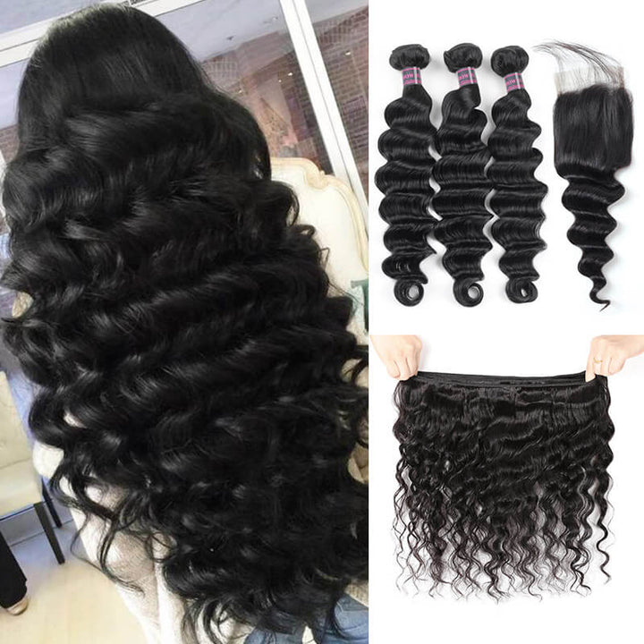 Ishow Virgin Brazilian Hair Loose Deep Wave Hair 3 Bundles With 4*4 Lace Closure - IshowHair