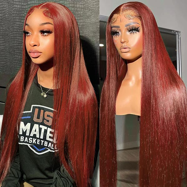 Collage of mannequin showcasing reddish brown straight human hair lace frontal wig in different angles, featuring light auburn HD lace for natural appearance.
